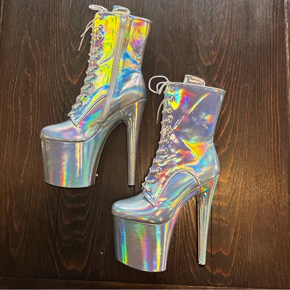 Sexy Stripper Dancer 8 in Platform High Heel Iridescent Silver Lace Up Boots 10